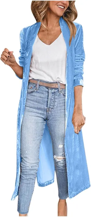 Velvet Cardigan for Women Long Lapel Long Sleeve Shirt with Pockets Mid-Length Open Front Trench Kimono Coat