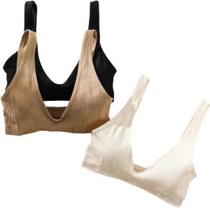 Verdusa Women's 3 Pack Solid Wireless Bras Ribbed Knit No Padding Camisole Bralette