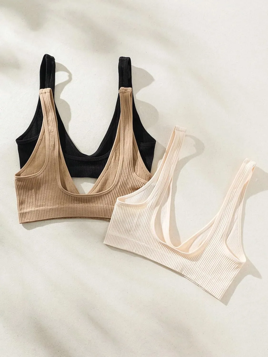 Verdusa Women's 3 Pack Solid Wireless Bras Ribbed Knit No Padding Camisole Bralette