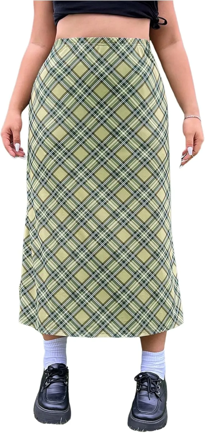 Verdusa Women's Plus Size Plaid Skirt High Rise A Line Mesh Long Skirt