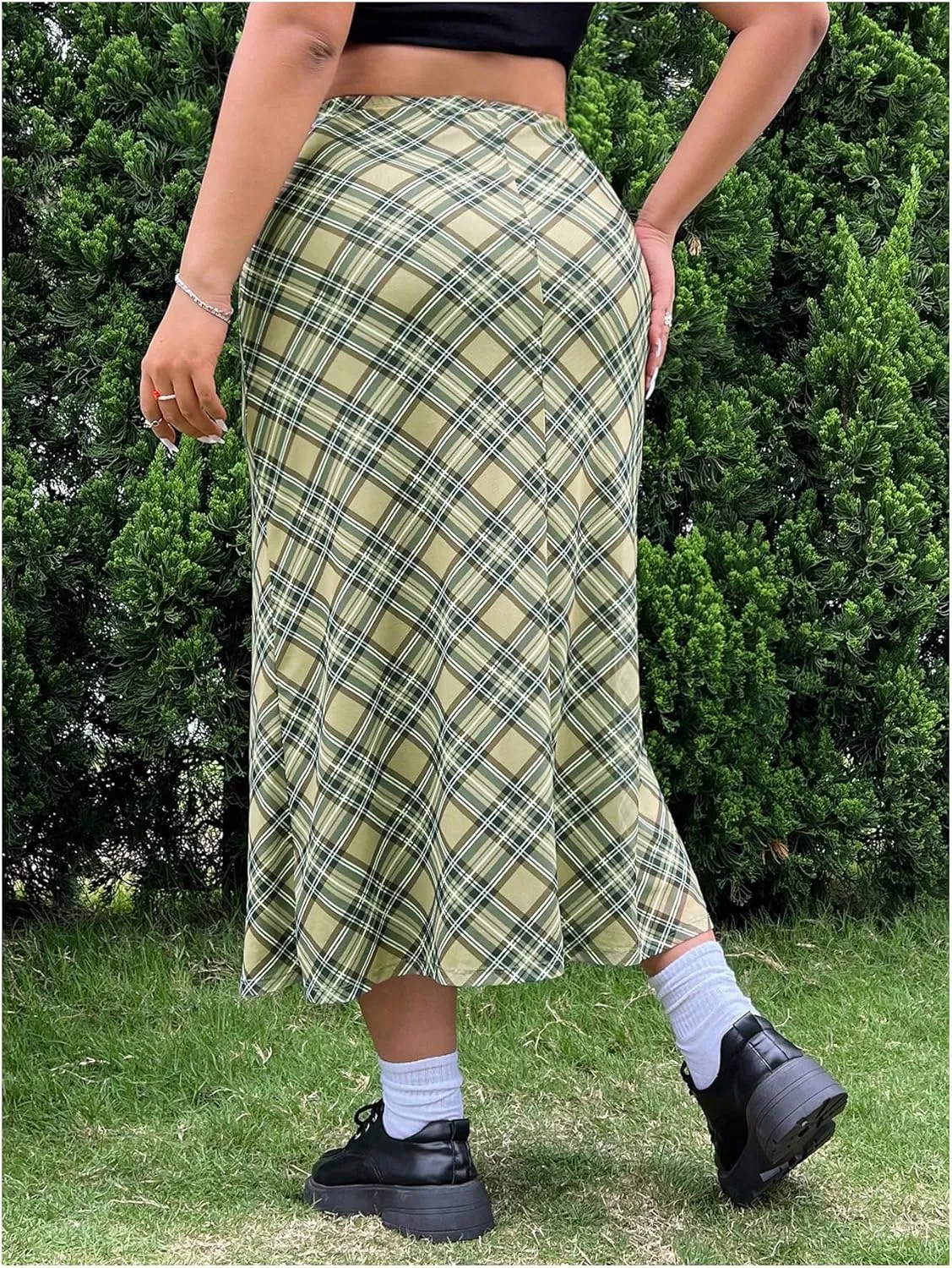 Verdusa Women's Plus Size Plaid Skirt High Rise A Line Mesh Long Skirt