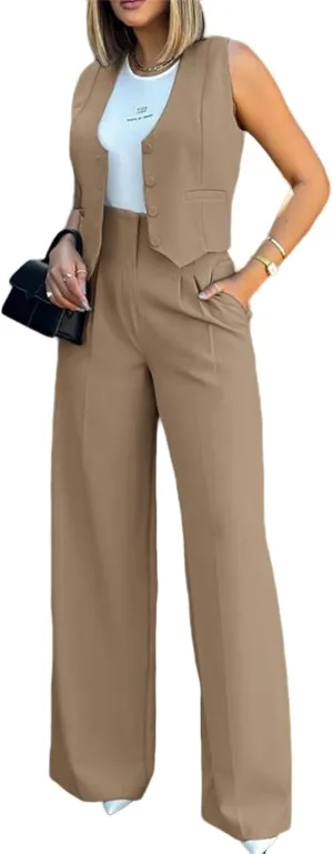 Vest Pants Suits for Women Sleeveless Suit Vest and Wide Leg Pants Business Casual Blazer Sets Suit Matching Sets