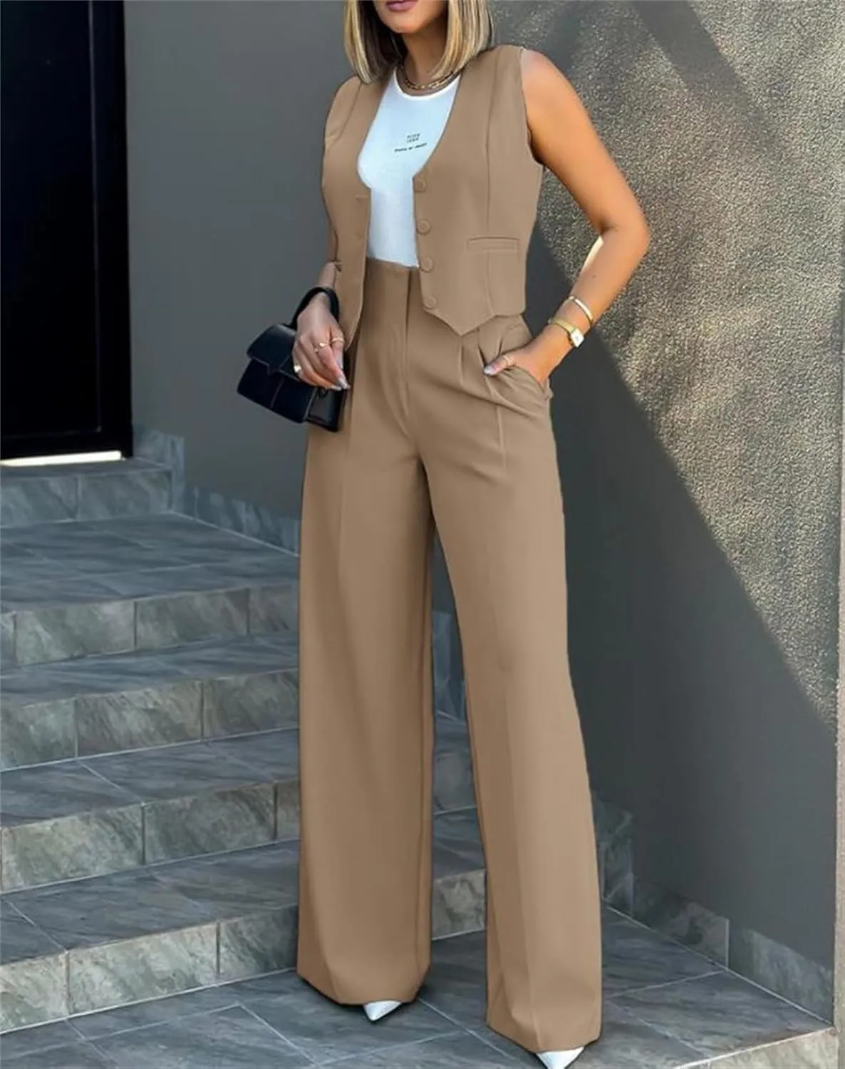 Vest Pants Suits for Women Sleeveless Suit Vest and Wide Leg Pants Business Casual Blazer Sets Suit Matching Sets