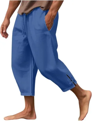 Vickyleb Men's Casual Linen Pants Elastic Drawstring Waist Loose Fit Straight Legs Summer Yoga Beach Long Pants for Men