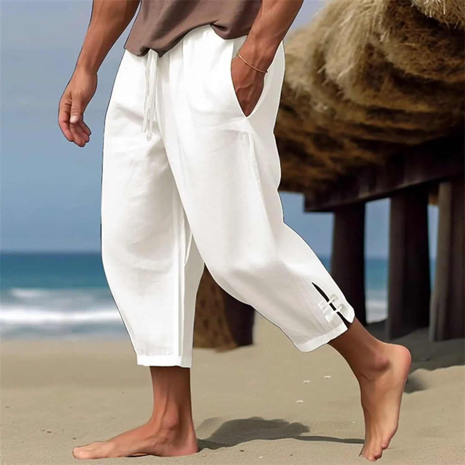 Vickyleb Men's Casual Linen Pants Elastic Drawstring Waist Loose Fit Straight Legs Summer Yoga Beach Long Pants for Men
