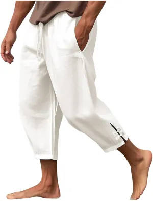 Vickyleb Men's Casual Linen Pants Elastic Drawstring Waist Loose Fit Straight Legs Summer Yoga Beach Long Pants for Men
