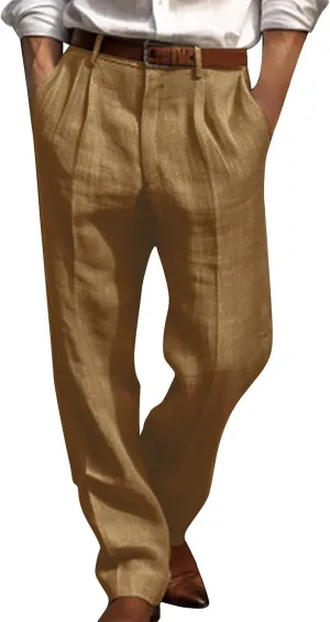 Vickyleb Men's Cotton Linen Pants Straight Leg Pleated Work Dress Leisure Pants Relaxed Fit Casual Lightweight Trousers
