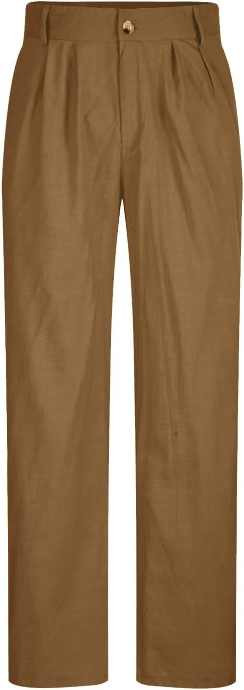 Vickyleb Men's Cotton Linen Pants Straight Leg Pleated Work Dress Leisure Pants Relaxed Fit Casual Lightweight Trousers