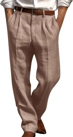 Vickyleb Men's Cotton Linen Pants Straight Leg Pleated Work Dress Leisure Pants Relaxed Fit Casual Lightweight Trousers