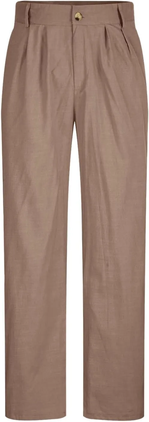 Vickyleb Men's Cotton Linen Pants Straight Leg Pleated Work Dress Leisure Pants Relaxed Fit Casual Lightweight Trousers