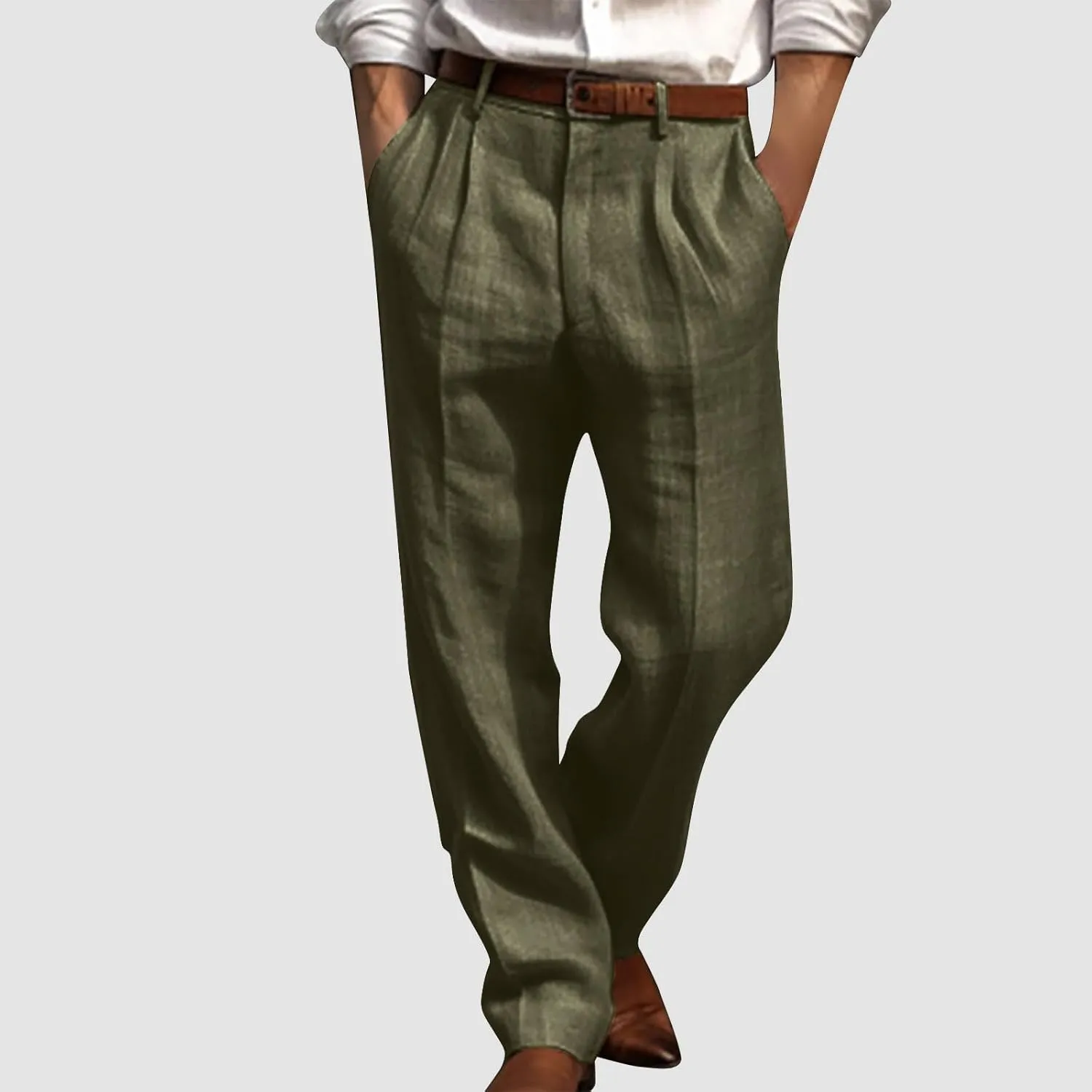Vickyleb Men's Cotton Linen Pants Straight Leg Pleated Work Dress Leisure Pants Relaxed Fit Casual Lightweight Trousers