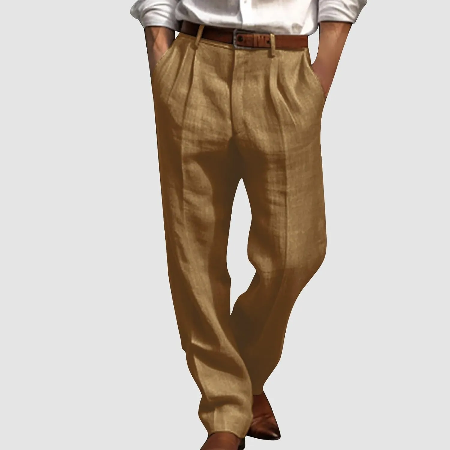 Vickyleb Men's Cotton Linen Pants Straight Leg Pleated Work Dress Leisure Pants Relaxed Fit Casual Lightweight Trousers
