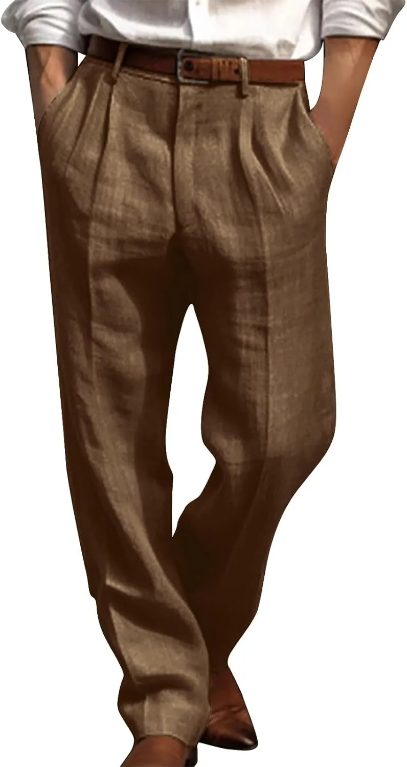 Vickyleb Men's Cotton Linen Pants Straight Leg Pleated Work Dress Leisure Pants Relaxed Fit Casual Lightweight Trousers