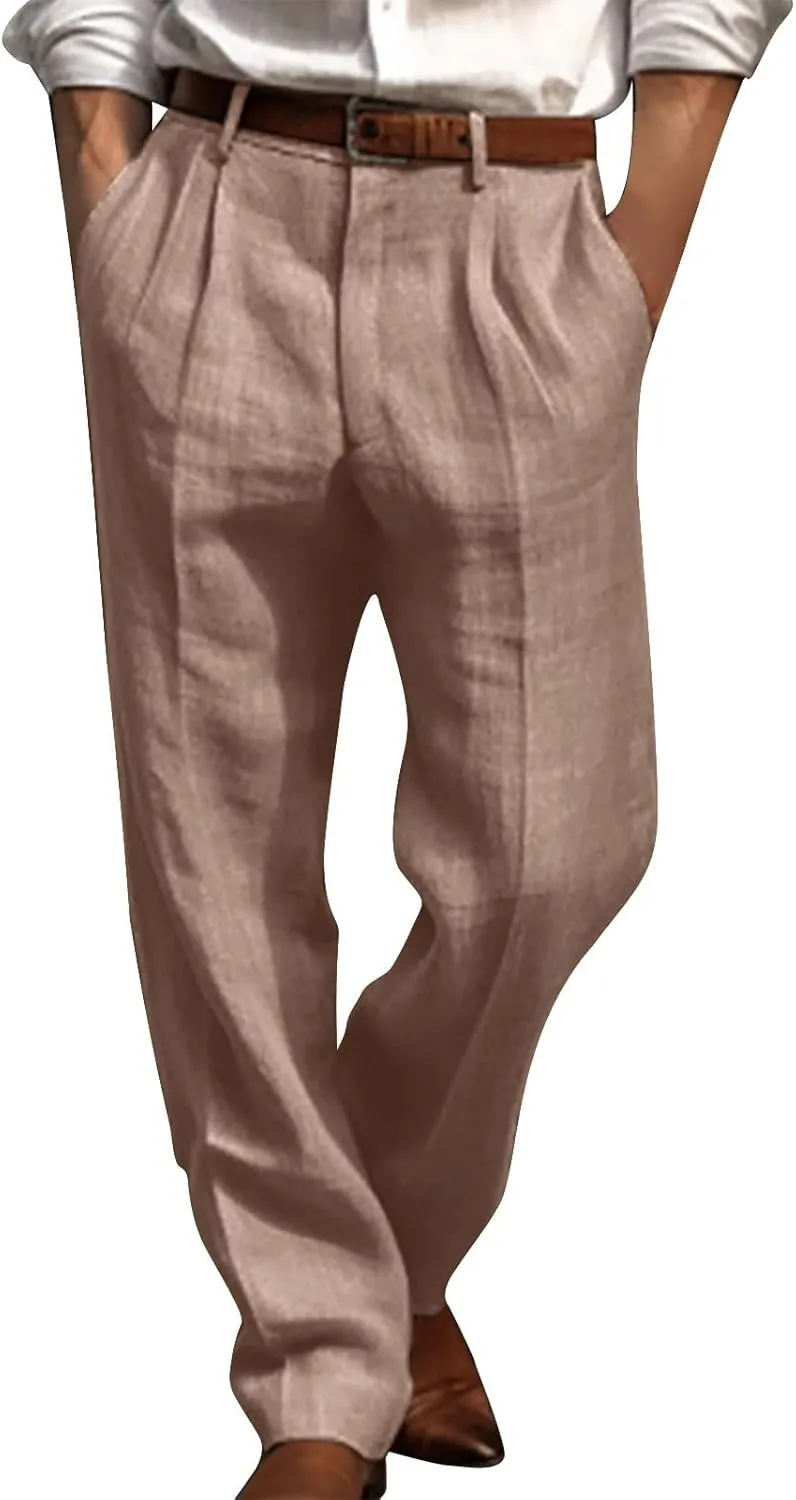 Vickyleb Men's Cotton Linen Pants Straight Leg Pleated Work Dress Leisure Pants Relaxed Fit Casual Lightweight Trousers