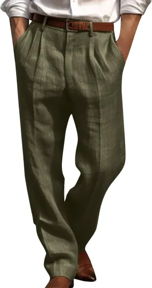 Vickyleb Men's Cotton Linen Pants Straight Leg Pleated Work Dress Leisure Pants Relaxed Fit Casual Lightweight Trousers
