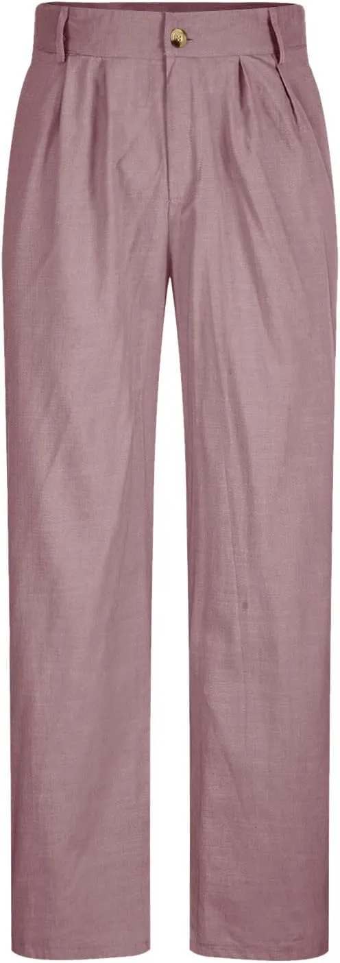 Vickyleb Men's Cotton Linen Pants Straight Leg Pleated Work Dress Leisure Pants Relaxed Fit Casual Lightweight Trousers