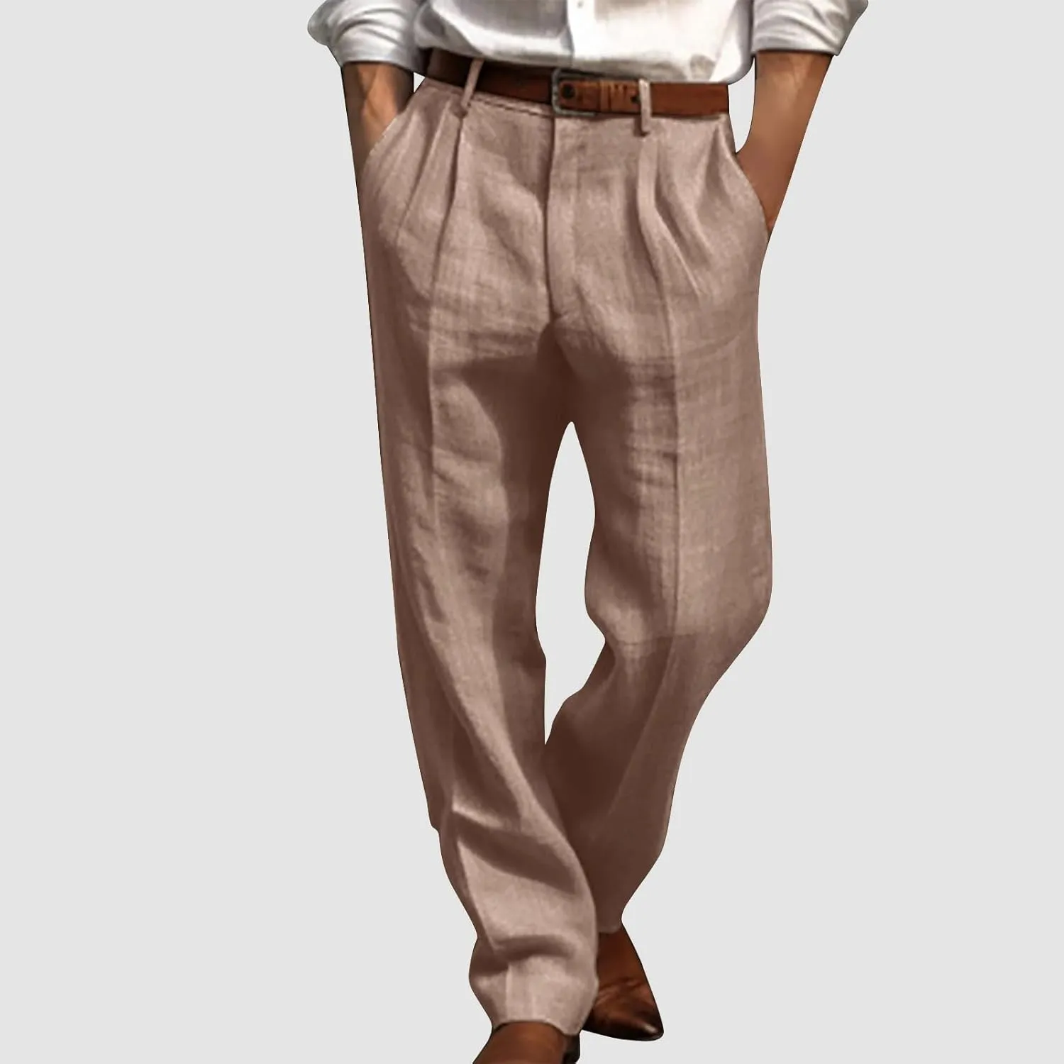 Vickyleb Men's Cotton Linen Pants Straight Leg Pleated Work Dress Leisure Pants Relaxed Fit Casual Lightweight Trousers