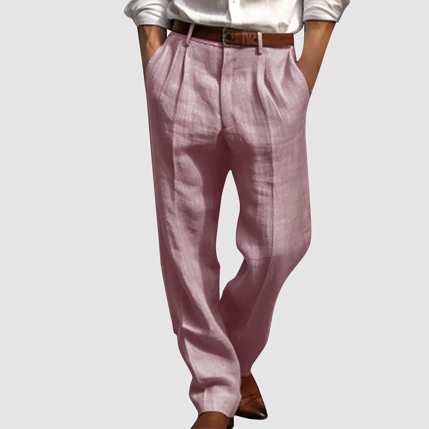 Vickyleb Men's Cotton Linen Pants Straight Leg Pleated Work Dress Leisure Pants Relaxed Fit Casual Lightweight Trousers