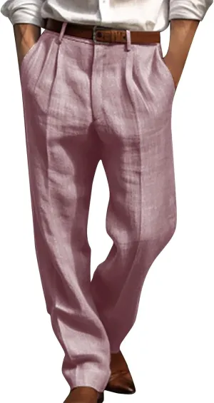 Vickyleb Men's Cotton Linen Pants Straight Leg Pleated Work Dress Leisure Pants Relaxed Fit Casual Lightweight Trousers