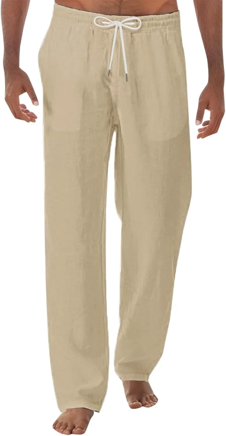 Vickyleb Mens Linen Drawstring Pants Elastic Waist Lightweight Trouser Loose Fit Casual Baggy Yoga Summer Beach Pants
