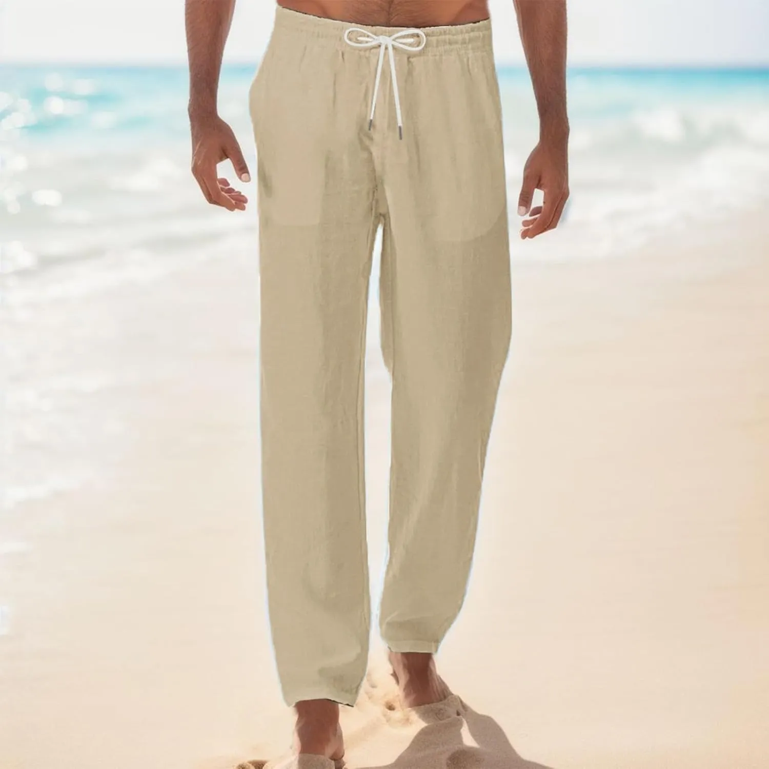Vickyleb Mens Linen Drawstring Pants Elastic Waist Lightweight Trouser Loose Fit Casual Baggy Yoga Summer Beach Pants