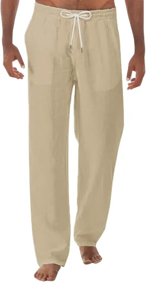 Vickyleb Mens Linen Drawstring Pants Elastic Waist Lightweight Trouser Loose Fit Casual Baggy Yoga Summer Beach Pants