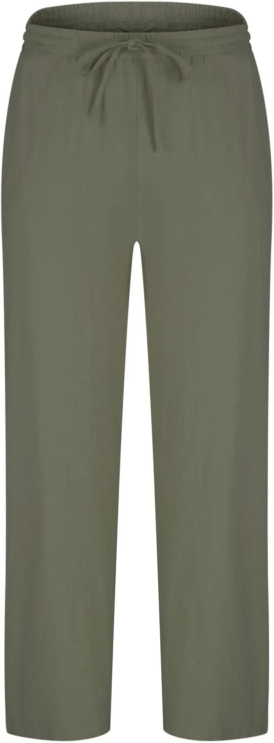Vickyleb Men's Linen Pants Slim Fit Cotton Casual Lightweight Elastic Waist Summer Beach Loose Trousers with Pockets
