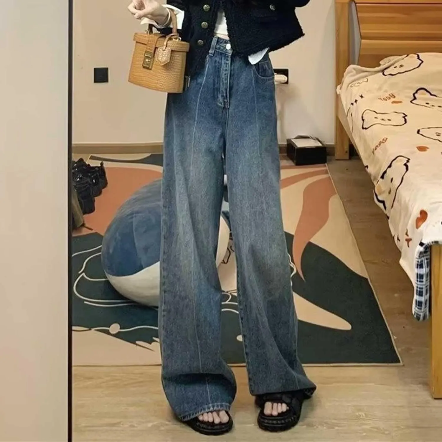 Vintage Baggy Jeans for Women High Waist Wide Leg Boyfriend Y2k Denim Pants Streetwear Hip Hop Trousers with Pockets