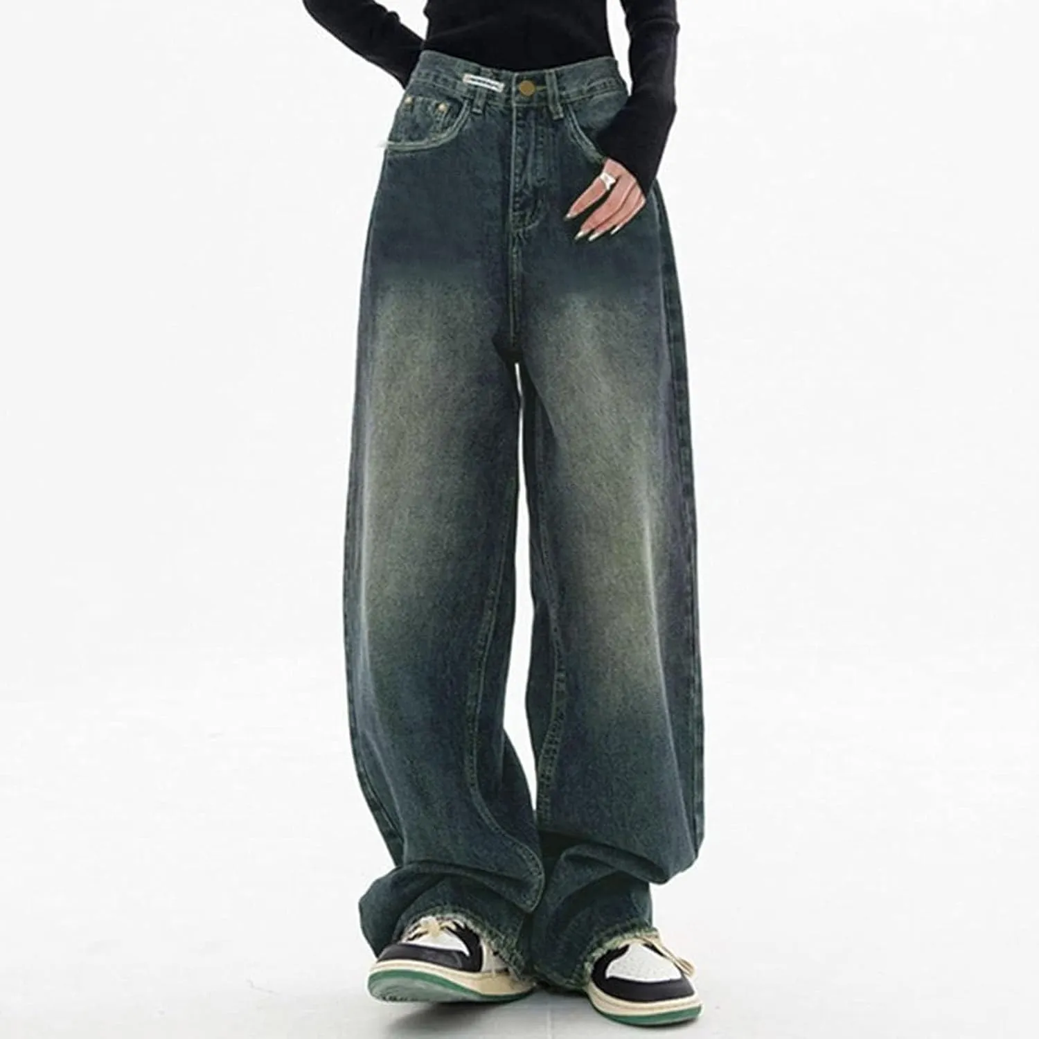 Vintage Baggy Jeans for Women High Waist Wide Leg Boyfriend Y2k Denim Pants Streetwear Hip Hop Trousers with Pockets
