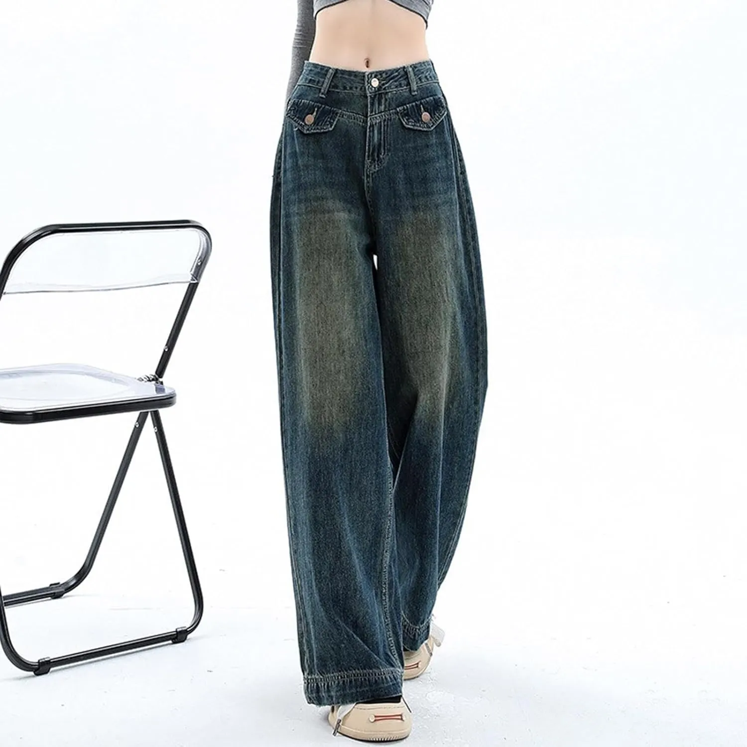 Vintage Baggy Jeans for Women High Waist Wide Leg Boyfriend Y2k Denim Pants Streetwear Hip Hop Trousers with Pockets