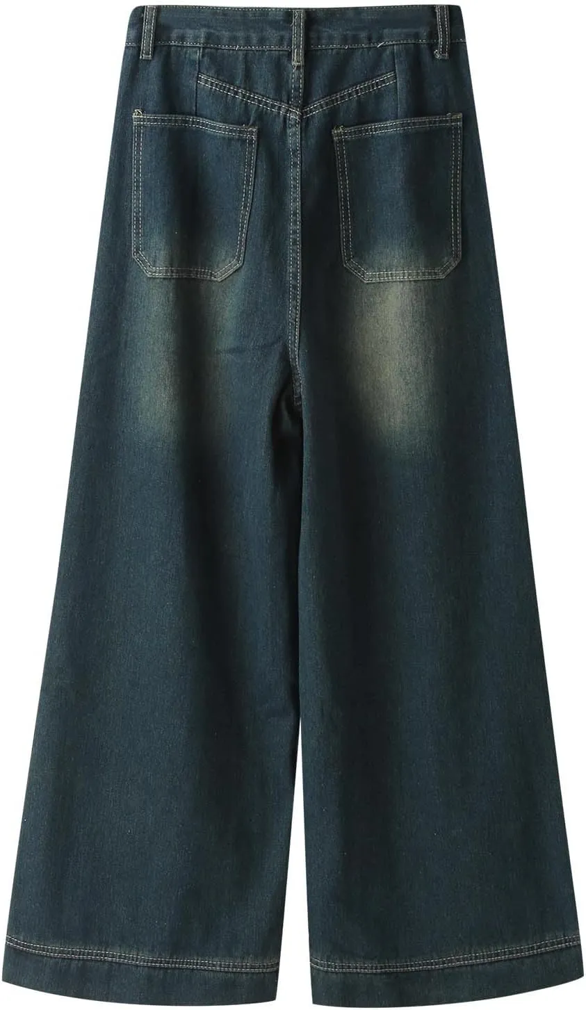 Vintage Baggy Jeans for Women High Waist Wide Leg Boyfriend Y2k Denim Pants Streetwear Hip Hop Trousers with Pockets