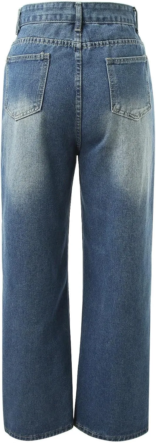 Vintage Baggy Jeans for Women High Waist Wide Leg Boyfriend Y2k Denim Pants Streetwear Hip Hop Trousers with Pockets
