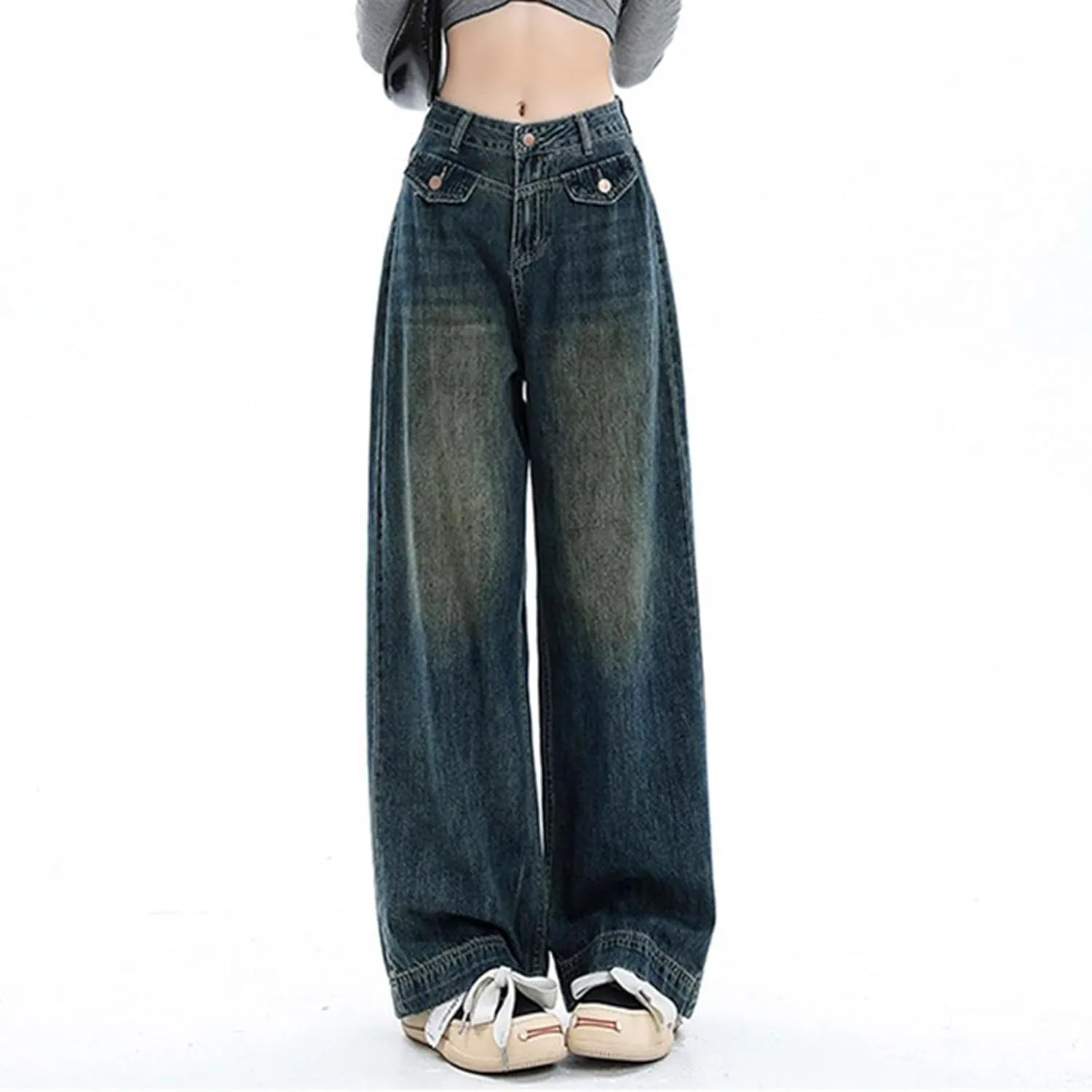 Vintage Baggy Jeans for Women High Waist Wide Leg Boyfriend Y2k Denim Pants Streetwear Hip Hop Trousers with Pockets