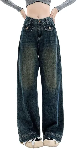 Vintage Baggy Jeans for Women High Waist Wide Leg Boyfriend Y2k Denim Pants Streetwear Hip Hop Trousers with Pockets
