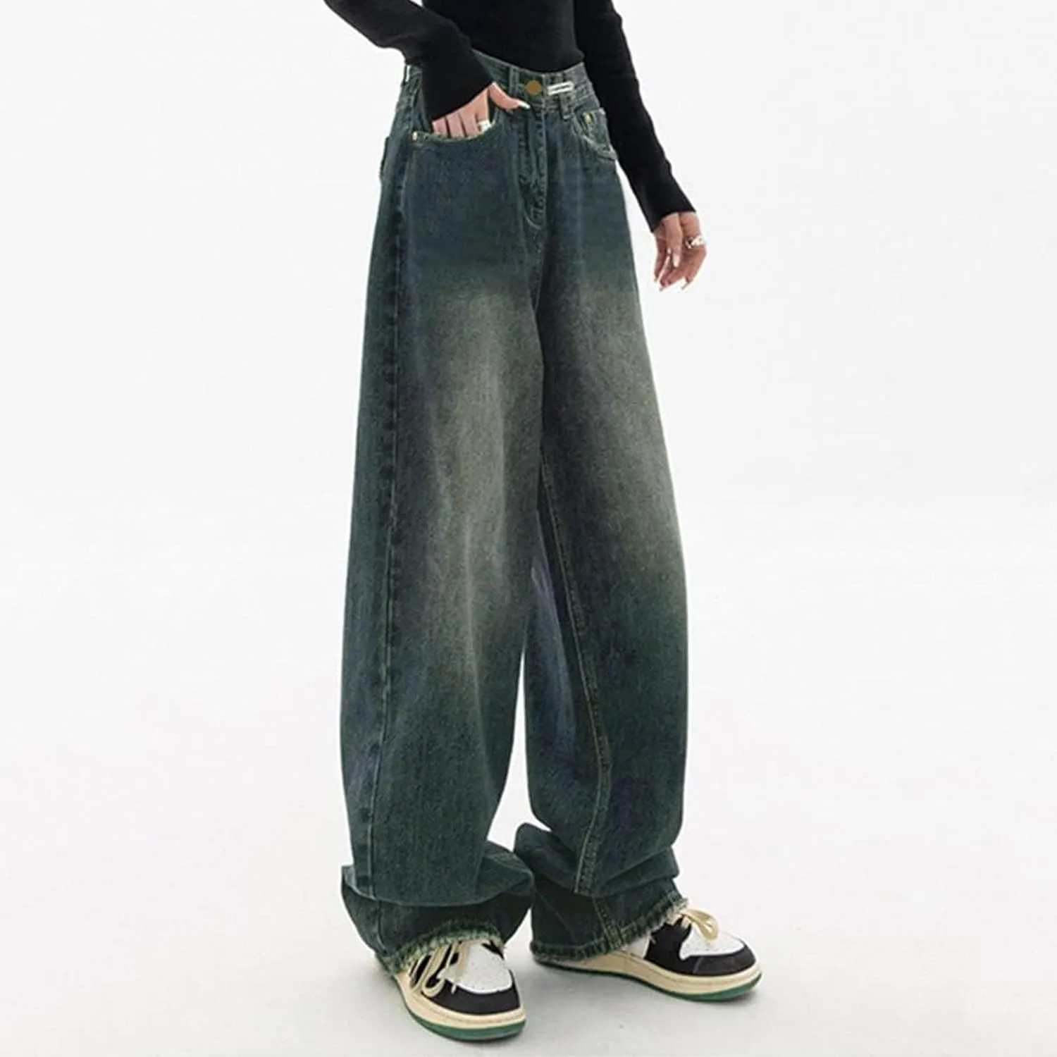 Vintage Baggy Jeans for Women High Waist Wide Leg Boyfriend Y2k Denim Pants Streetwear Hip Hop Trousers with Pockets