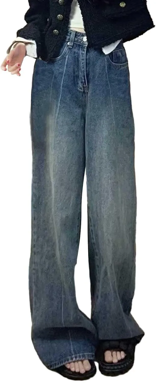 Vintage Baggy Jeans for Women High Waist Wide Leg Boyfriend Y2k Denim Pants Streetwear Hip Hop Trousers with Pockets