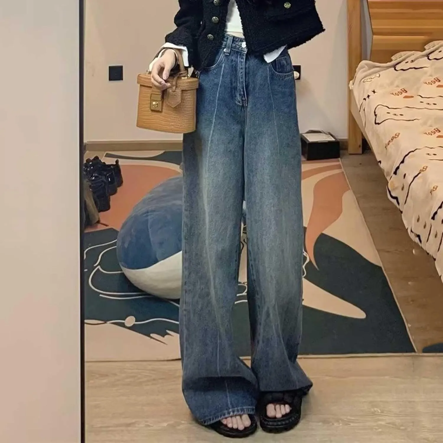 Vintage Baggy Jeans for Women High Waist Wide Leg Boyfriend Y2k Denim Pants Streetwear Hip Hop Trousers with Pockets