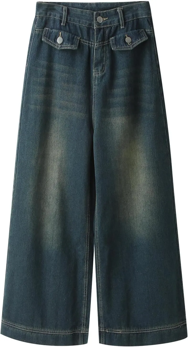 Vintage Baggy Jeans for Women High Waist Wide Leg Boyfriend Y2k Denim Pants Streetwear Hip Hop Trousers with Pockets