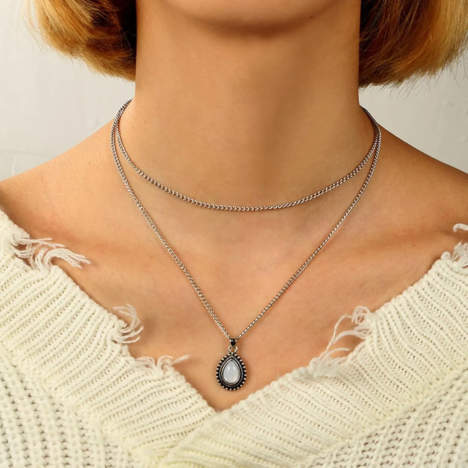 Vintage Boho Pendant Necklaces Double Layer Clavicle Chain Dainty Anniversary Necklaces for Women