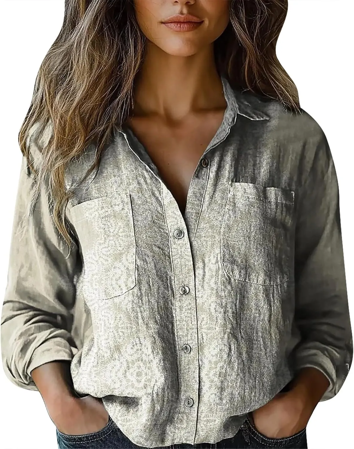 Vintage Boho Tops for Women Floral Print Shirt Casual Long Sleeve Button Up Blouses Loose Fit Dressy Peasant T-Shirts