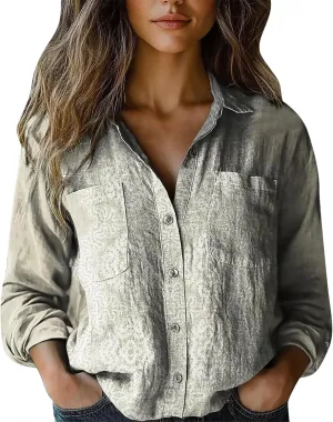 Vintage Boho Tops for Women Floral Print Shirt Casual Long Sleeve Button Up Blouses Loose Fit Dressy Peasant T-Shirts