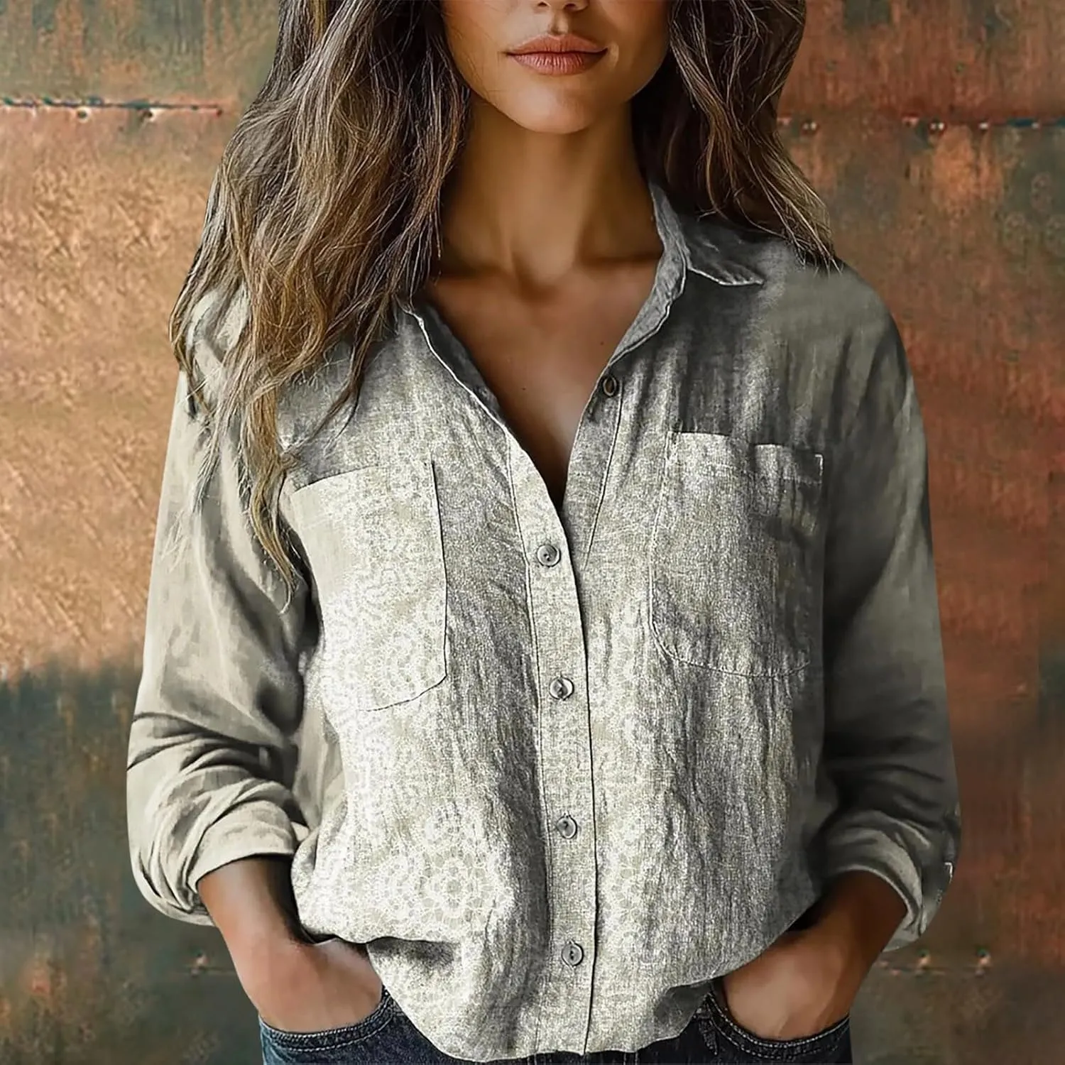 Vintage Boho Tops for Women Floral Print Shirt Casual Long Sleeve Button Up Blouses Loose Fit Dressy Peasant T-Shirts