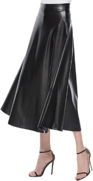 Vintage Womens Solid Color skirts for women trendy Solid Midi Skirts High Waist Faux Pleated Leather A Line Long Skirts