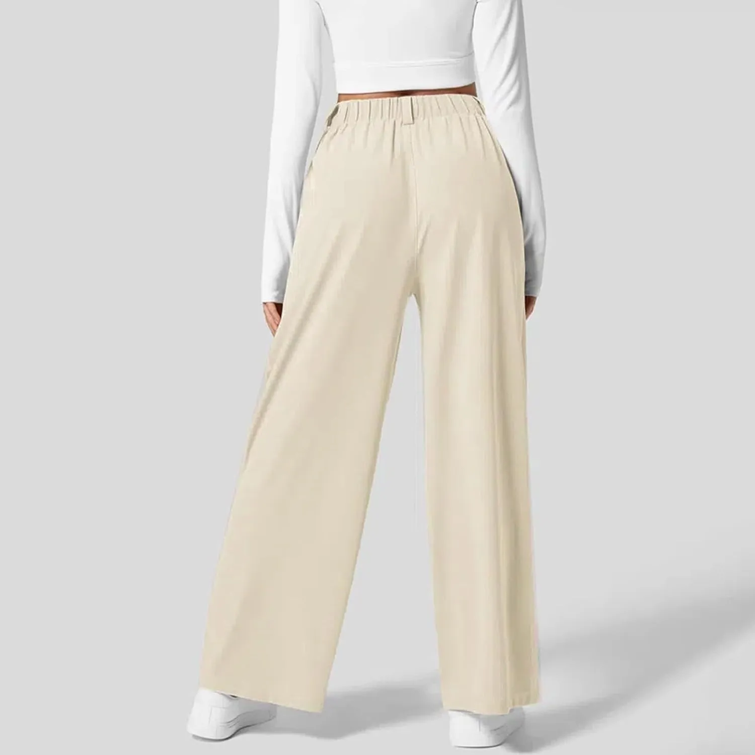Wide Leg Pants for Women Waffle Knit Casual Palazzo Elastic High Waist Pants Baggy Flowy Dress Trousers with Pockets