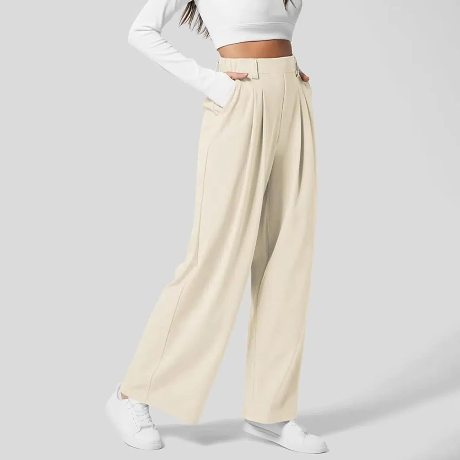 Wide Leg Pants for Women Waffle Knit Casual Palazzo Elastic High Waist Pants Baggy Flowy Dress Trousers with Pockets