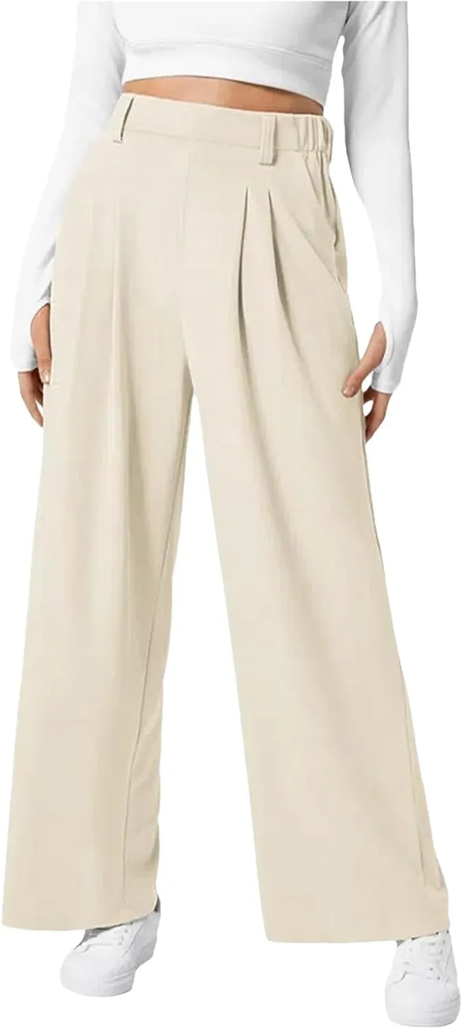 Wide Leg Pants for Women Waffle Knit Casual Palazzo Elastic High Waist Pants Baggy Flowy Dress Trousers with Pockets