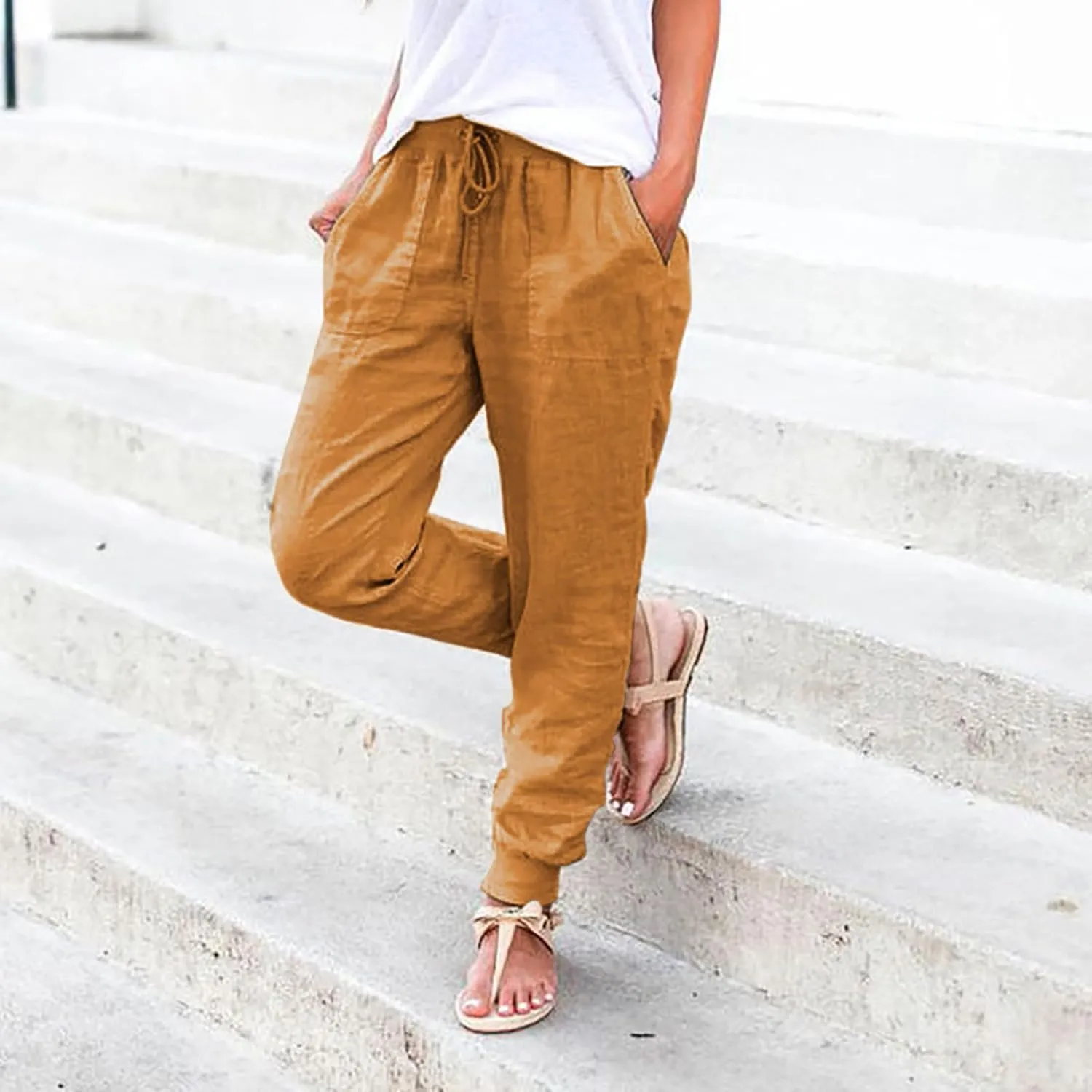 Wide Leg Summer Pants Women 2024 Petite High Waist Pants Pull On Cropped Tapered Linen Drawstring Trouser Pocketed