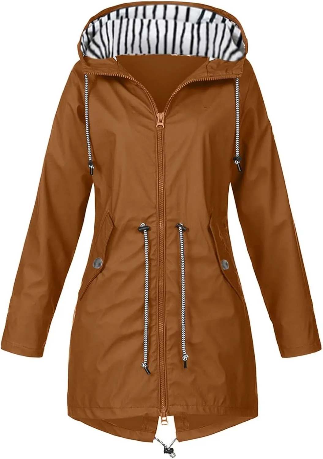 Windproof Jacket for Women Long Sleeve Raincoat Full Zip Up Button Hooded Plain Windbreaker with Pocket Outdoor