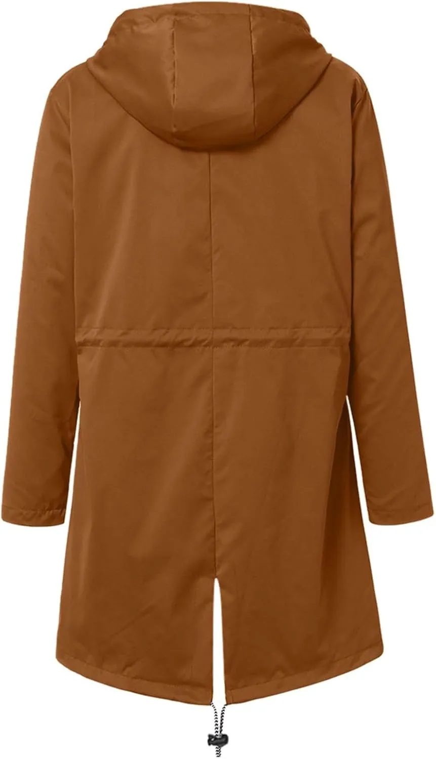 Windproof Jacket for Women Long Sleeve Raincoat Full Zip Up Button Hooded Plain Windbreaker with Pocket Outdoor