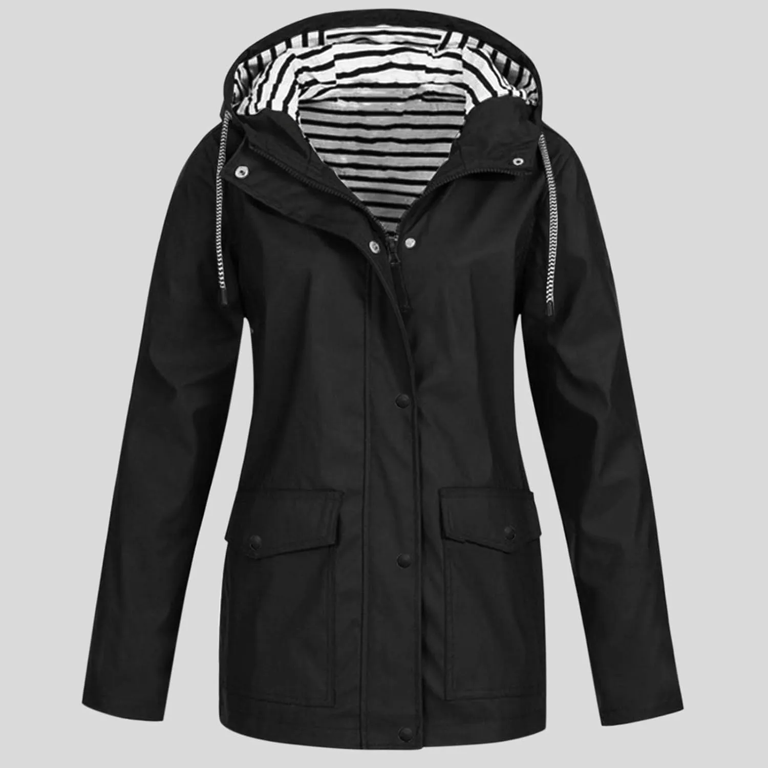 Windproof Jacket for Women Long Sleeve Raincoat Full Zip Up Button Hooded Plain Windbreaker with Pocket Winter Zipper Autumn